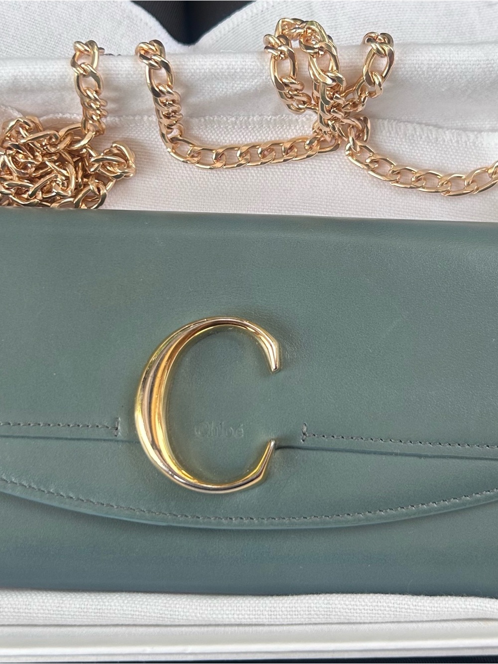 Chloe Green Leather Crossbody with Gold C-Emblem